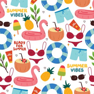 Kusursuz desenli şirin karikatür yaz elementi. arkaplan, duvar kağıdı ve hediye paketi için yaz çizimi