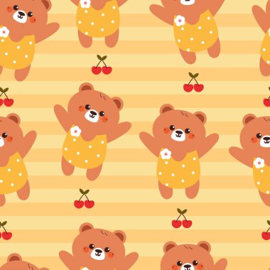 Kusursuz desenli, sarı mayosu ve şirin kirazlı çizgi film ayısı. Sarı çizgili sevimli hayvan deseni