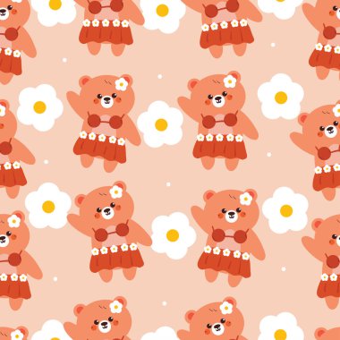 Kusursuz desenli şirin çizgi film ayısı Hawaii kıyafeti ve çiçekleri giyiyor. Hediye paketi kağıdı için şirin bir duvar kağıdı.