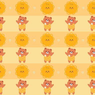 Şirin desenli çizgi film ayısı ve sarı çizgili arka plan hediye paketi kağıdı için.