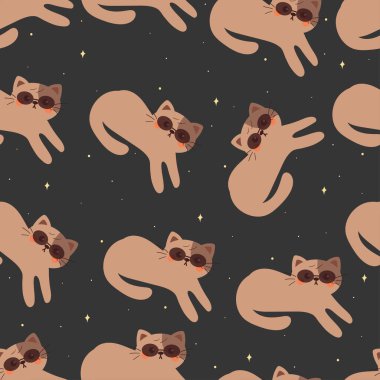 Gece gökyüzünde yıldızlarla dolu güneş gözlüklü, kusursuz desenli sevimli çizgi film kedisi. hediye paketi kağıdı için sevimli hayvan deseni