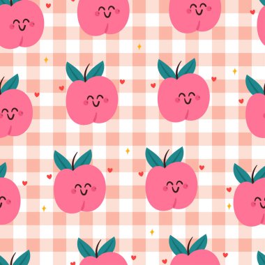 Tatlı şeftali rengi çizgi film karakteri kusursuz desen çiziyor. Hediye paketi kağıdı için kareli duvar kağıdıyla şirin meyveler