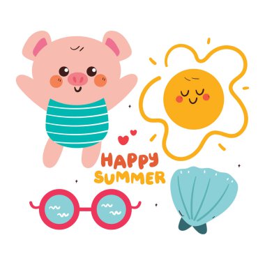 Güneş ve istiridyeli çizgi film domuzu etiketi seti. Şirin yaz çizim seti