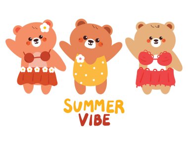 Yazlık kıyafet etiketli ayı karikatürü seti. Yaz çıkartması için sevimli hayvan çizgi filmi, simge