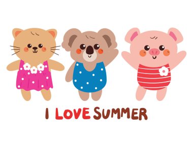 Yaz çıkartması için sevimli hayvan karikatürleri. Etiket ve simge için hayvan çizimini kes