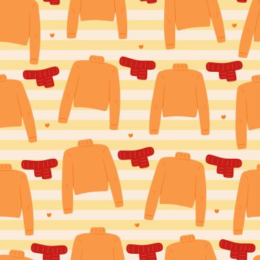 Kusursuz desenli sarı süveter, sarı çizgili kırmızı eşarp.