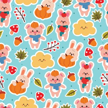 Sonbahar elementi duvar kâğıdı ve arkaplan çizimi yapan şirin çizgi film domuz ve tavşan.