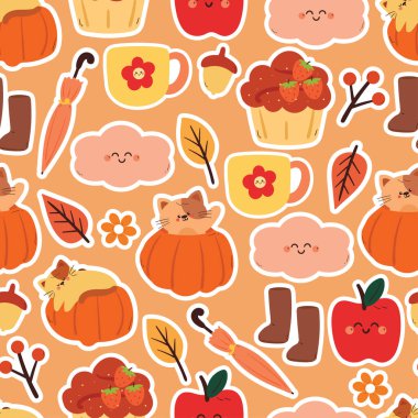 Kusursuz desenli, balkabaklı ve sonbahar şelaleli şirin çizgi film kedisi.