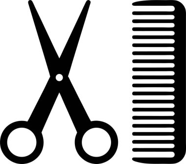 Solda açık bir makas ve beyaz arkaplanda bir tarak