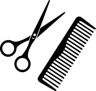 Solda açık bir makas ve beyaz arkaplanda bir tarak