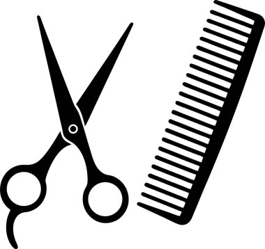 Solda açık bir makas ve beyaz arkaplanda bir tarak