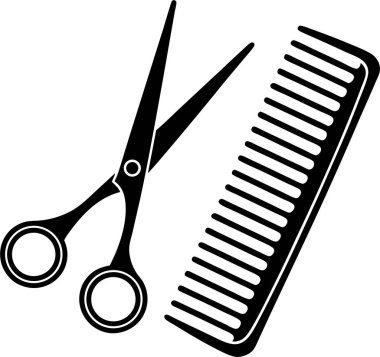 Solda açık bir makas ve beyaz arkaplanda bir tarak