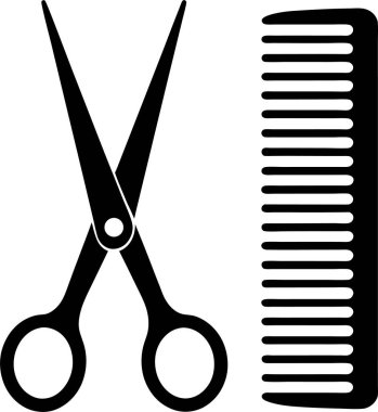 Solda açık bir makas ve beyaz arkaplanda bir tarak