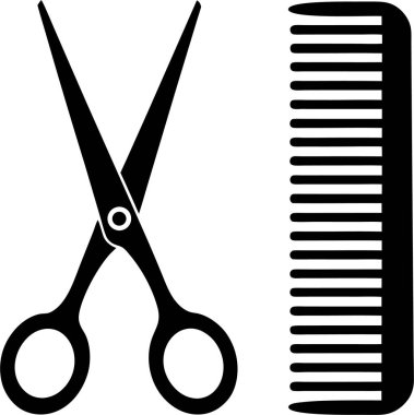 Solda açık bir makas ve beyaz arkaplanda bir tarak