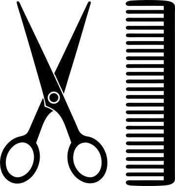 Solda açık bir makas ve beyaz arkaplanda bir tarak