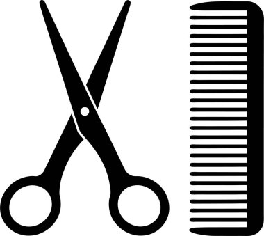 Solda açık bir makas ve beyaz arkaplanda bir tarak