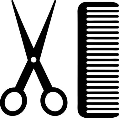 Solda açık bir makas ve beyaz arkaplanda bir tarak