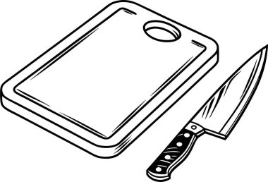 Keskin bir bıçak ve beyaz arka planda kesme tahtası silueti.