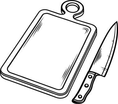 Keskin bir bıçak ve beyaz arka planda kesme tahtası silueti.