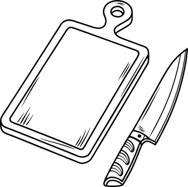 Keskin bir bıçak ve beyaz arka planda kesme tahtası silueti.