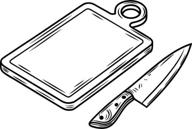 Keskin bir bıçak ve beyaz arka planda kesme tahtası silueti.