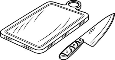 Keskin bir bıçak ve beyaz arka planda kesme tahtası silueti.