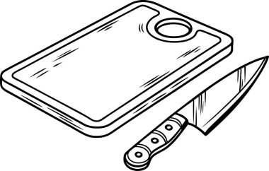 Keskin bir bıçak ve beyaz arka planda kesme tahtası silueti.