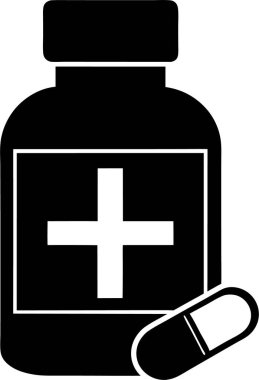 Beyaz arka planda haç sembolü ve kapsülü olan bir ilaç şişesi.