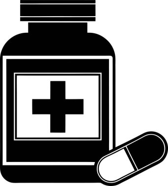 Beyaz arka planda haç sembolü ve kapsülü olan bir ilaç şişesi.