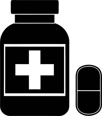 Beyaz arka planda haç sembolü ve kapsülü olan bir ilaç şişesi.