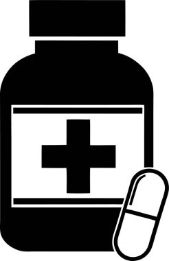 Beyaz arka planda haç sembolü ve kapsülü olan bir ilaç şişesi.