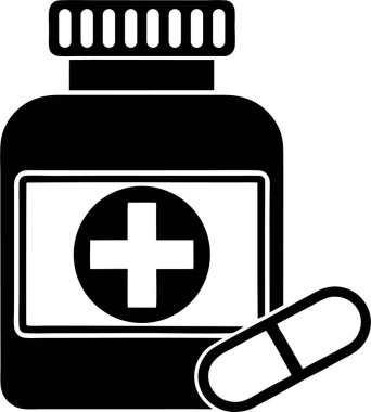 Beyaz arka planda haç sembolü ve kapsülü olan bir ilaç şişesi.