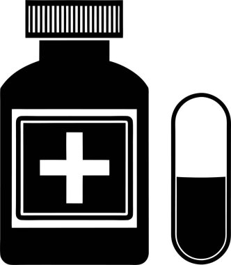 Beyaz arka planda haç sembolü ve kapsülü olan bir ilaç şişesi.