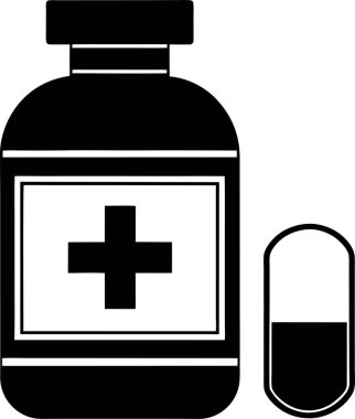 Beyaz arka planda haç sembolü ve kapsülü olan bir ilaç şişesi.