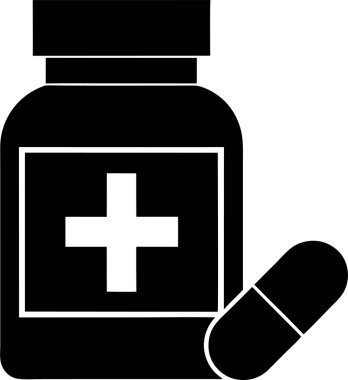 Beyaz arka planda haç sembolü ve kapsülü olan bir ilaç şişesi.