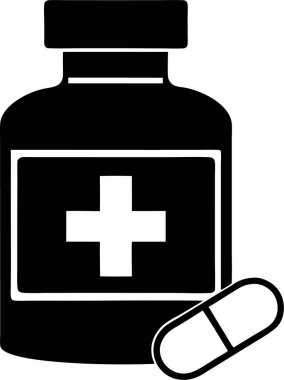 Beyaz arka planda haç sembolü ve kapsülü olan bir ilaç şişesi.