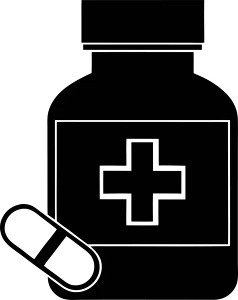 Beyaz arka planda haç sembolü ve kapsülü olan bir ilaç şişesi.