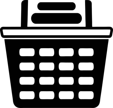 Beyaz arka planda katlanmış kıyafetlerle dolu bir çamaşır sepetinin saf siyah silüeti.