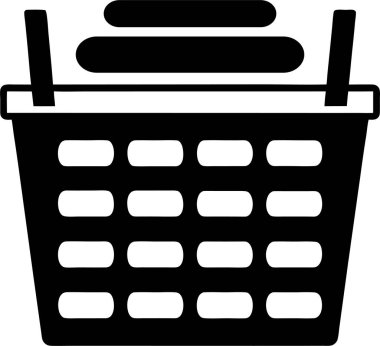 Beyaz arka planda katlanmış kıyafetlerle dolu bir çamaşır sepetinin saf siyah silüeti.