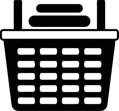 Beyaz arka planda katlanmış kıyafetlerle dolu bir çamaşır sepetinin saf siyah silüeti.