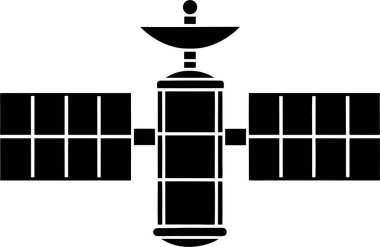 Beyaz arkaplanda yörüngedeki yapay bir uydunun siyah silüeti.