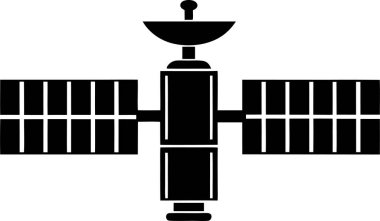 Beyaz arkaplanda yörüngedeki yapay bir uydunun siyah silüeti.