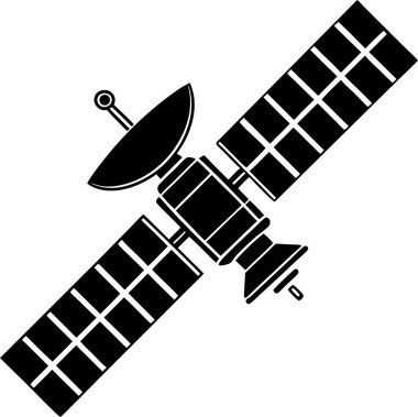 Beyaz arkaplanda yörüngedeki yapay bir uydunun siyah silüeti.