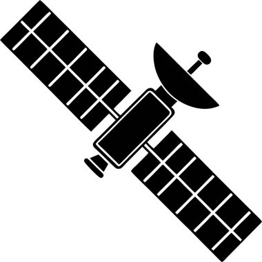 Beyaz arkaplanda yörüngedeki yapay bir uydunun siyah silüeti.