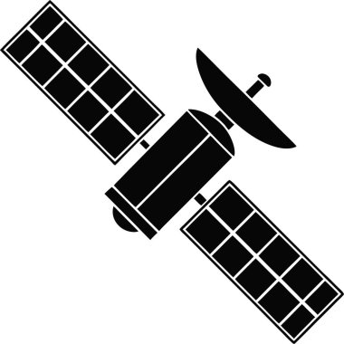 Beyaz arkaplanda yörüngedeki yapay bir uydunun siyah silüeti.