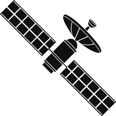 Beyaz arkaplanda yörüngedeki yapay bir uydunun siyah silüeti.