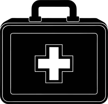 Beyaz arka planda beyaz bir tıbbi haç vektörü Art & Illustration olan bir ilk yardım çantasının siyah silueti