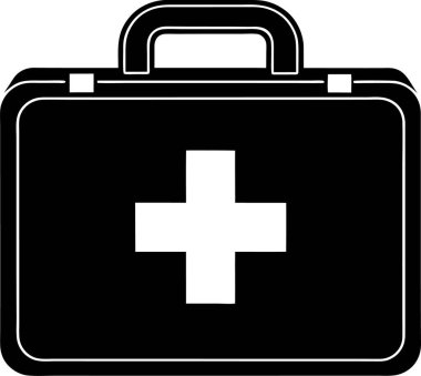 Beyaz arka planda beyaz bir tıbbi haç vektörü Art & Illustration olan bir ilk yardım çantasının siyah silueti