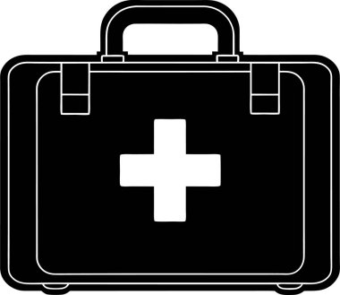 Beyaz arka planda beyaz bir tıbbi haç vektörü Art & Illustration olan bir ilk yardım çantasının siyah silueti