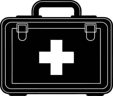 Beyaz arka planda beyaz bir tıbbi haç vektörü Art & Illustration olan bir ilk yardım çantasının siyah silueti